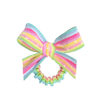 Invisibobble Slim Sprunchie w. Bow Let's Chase Rainbows Hair Tie - Comfortable, Stylish, and Gentle Rainbow Hair Accessory Invisibobble Slim Sprunchie - Rainbow Hair Tie hair tie, scrunchie, Invisibobble, rainbow hair accessory, slim hair tie, decorative hair bow, hair accessories, fashion hair ties, gentle hair ties, colorful hair accessories, whimsical hair accessories, gifts for her, back to school hair accessories
