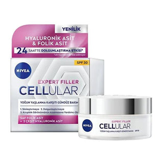 Nivea Anti-Aging Day Cream with SPF30, Hyaluronic Acid & Folic Acid - 24 Hour Hydration & Plumping Effect Nivea Anti-Aging Day Cream with SPF30 & Hyaluronic Acid anti-aging day cream, Nivea Cellular Expert Filler, SPF30 day cream, hyaluronic acid face cream, anti-wrinkle cream, folic acid skincare, moisturizing day cream, anti-aging skincare, skincare with SPF, youthful skin, radiant skin, smooth skin, fine lines reduction, wrinkle reduction, long-lasting hydration, skin renewal, UV protection, daytime mois