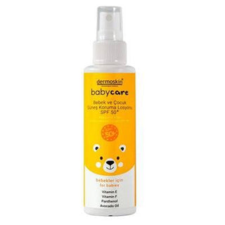 dermoskin babycare sunscreen lotion spf50+ 100 ml, child applying dermoskin babycare sunscreen, dermoskin sunscreen lotion bottle Dermoskin BabyCare Sunscreen Lotion SPF50+ - 100 ml Dermoskin BabyCare SPF50+ Sunscreen Lotion - 100 ml dermoskin, sunscreen, spf50+, baby-care, children, skincare, sun-protection, water-resistant, parents, ai-generated
