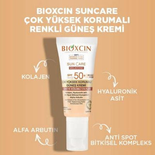 bioxcin colored sunscreen bottle, bioxcin sunscreen application on skin, bioxcin spf 50 sunscreen swatch Bioxcin SPF 50+ Colored Sunscreen - For Spot-Prone Skin | 50 ml Bioxcin SPF 50+ Colored Sunscreen for Spot-Prone Skin bioxcin, sunscreen, spf50, colored-sunscreen, spot-prone-skin, skin-care, sun-protection, anti-aging, moisturizing, ai-generated