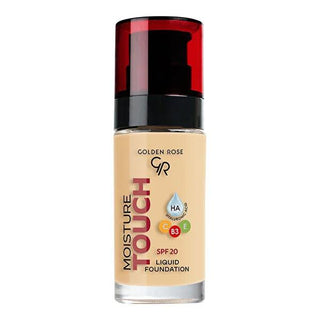 Golden Rose Moisture Touch Liquid Foundation SPF20 - Buildable Coverage, Vegan & Moisturizing Golden Rose Liquid Foundation SPF20 - Vegan & Moisturizing Liquid Foundation, Moisturizing Foundation, SPF20 Foundation, Vegan Cosmetics, Buildable Coverage Foundation, Golden Rose, Hyaluronic Acid, Niacinamide, Vitamins C and E, Makeup for Dry Skin, Natural Finish Foundation, Long-Lasting Makeup, Everyday Makeup, Special Occasion Makeup, Photography Makeup