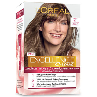 Loreal Paris Excellence Creme Hair Dye - 7.1 Küllü Kumral - Nourishing Permanent Hair Color for At-Home Use Loreal Paris Excellence Creme Hair Dye - Nourishing Permanent Color hair dye, permanent hair color, Loreal Paris Excellence Creme, at home hair coloring, nourishing hair dye, hair care, beauty products, cosmetics, Loreal Paris, Excellence Creme, 7.1 Küllü Kumral