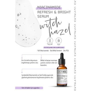 Skin401 Niacinamide Refresh Bright Serum 30ml - Brightens, Hydrates, and Minimizes Pores - Vegan & Cruelty-Free Skin401 Niacinamide Serum - Brightens & Hydrates Skin Niacinamide Serum, Brightening Serum, Vegan Skincare, Cruelty-free Beauty Products, Skin Brightening, Hyaluronic Acid Serum, Anti-acne Serum, Skin Hydration, Niacinamide 10%, Refresh and Brighten Skin, skincare for bright complexion, vegan beauty products, acne prevention serum, skin renewal, ethical skincare