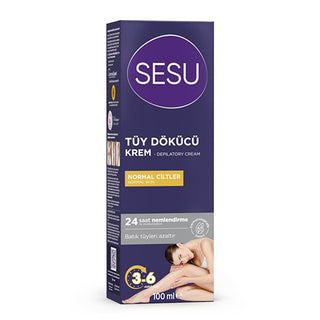 Sesu Hair Removal Cream for Normal Skin - 3.38 fl oz, Dermatologically Tested, Vitamin E & Bisabolol Enriched Sesu Hair Removal Cream - Dermatologically Tested & Moisturizing hair removal cream, depilatory cream, sensitive skin hair removal, dermatologically tested hair removal, moisturizing hair removal cream, quick hair removal, Vitamin E hair removal cream, Bisabolol hair removal cream, normal skin hair removal, body care, skincare, personal care, beauty products, smooth skin, hair-free, grooming essenti