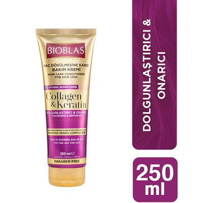 Bioblas Collagen & Keratin Hair Care Cream - Nourishes Fine Hair, Adds Volume & Shine - 8.45 fl oz