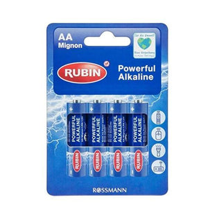 Rubin Alkaline AA Batteries 1.5V 4-Pack - Long-Lasting Power for Your Devices Rubin Alkaline AA Batteries - Long Lasting Power Alkaline AA batteries, Rubin batteries, 1.5V batteries, FSC-certified packaging, AA size alkaline batteries, long-lasting batteries, reliable power, everyday devices, toys, remote controls, flashlights, environmentally friendly, sustainable packaging