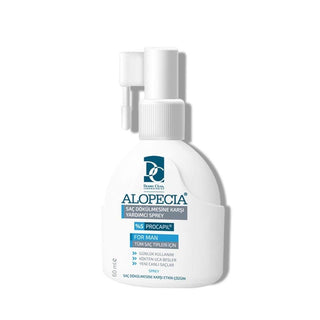 alopecia anti hair loss dermal spray 60 ml bottle, person applying hair loss spray Alopecia Anti Hair Loss Dermal Spray - 60 ml Alopecia Anti Hair Loss Spray | 60 ml alopecia, hair-loss, hair-care, scalp-treatment, procapil, anti-hair-loss, dermal-spray, hair-thinning, individuals-with-alopecia, ai-generated