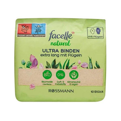 Facelle Extra Long Natural Ultra Thin Menstrual Pads - 10 Count - Soft, Vegan, & Dermatologically Tested for Sensitive S