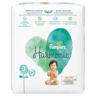 prima harmonie baby diapers size 3 pack front, prima harmonie baby diapers size 3 pack back, close-up of prima harmonie baby diaper material Prima Harmonie Baby Diapers Size 3 - 22 Count for Parents | Sensitive Skin Protection Prima Harmonie Baby Diapers Size 3 - 22 Count prima, baby-diapers, size-3, 22-count, sensitive-skin, plant-based, oeko-tex-certified, no-allergens, parenting, ai-generated