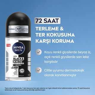 Nivea Men Deodorant - Nivea Men Erkek Roll-on Deodorant Black & White Invisible Original 50 ml - Long Lasting Anti-Perspirant Protection Nivea Men Deodorant - 72 Hour Protection Nivea Men Deodorant, Roll-on Deodorant for Men, Anti-perspirant Deodorant, Long-lasting Deodorant, Stain-free Deodorant, Men's Grooming, Personal Care, Deodorant for Active Men, Black & White Invisible Deodorant, 72-Hour Protection, Derma Active Protection, X5 Anti Formula, Dermatologically Tested, Men's Hygiene