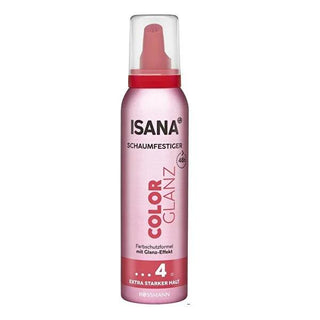 Isana Color Glanz Hair Styling Mousse - 48 Hour Hold, Color Protection, Vegan Formula Isana Color Glanz Mousse for Colored Hair - 48hr Hold hair styling mousse, color-protecting hair product, vegan hair care, long-lasting hair hold, dermatologically tested hair styling, Isana, colored hair products, styling mousse, vegan cosmetics, hair care for colored hair, long-lasting styling products