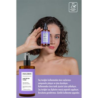 maruderm hair repair tonic bottle view, application of maruderm hair repair tonic Maruderm Hair Repair Tonic - Nourishing Formula | 200 ml Maruderm Hair Repair Tonic - Nourishing Formula | 200 ml hair-repair-tonic, vegan-hair-care, nourishing-hair-tonic, argan-oil, coconut-oil, damaged-hair-treatment, shiny-hair, maruderm, ai-generated, daily-hair-care