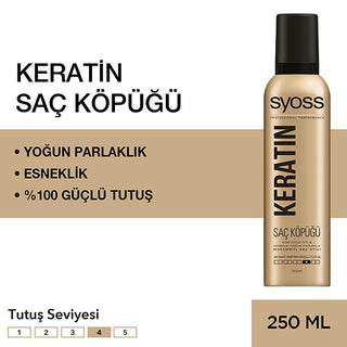 Syoss Keratin Hair Mousse - 48 Hour Strong Hold, Strengthens & Adds Shine - Syoss Keratin Saç Köpüğü 250 ml