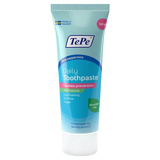 TePe Daily Toothpaste - Fluoride, Vegan, SLS-Free, Mild Mint Flavor, 75ml TePe Daily Toothpaste - Fluoride, Vegan, SLS-Free fluoride toothpaste, vegan toothpaste, SLS-free toothpaste, mild toothpaste, daily oral hygiene, oral care, vegan oral care, sensitive teeth, mild mint toothpaste, TePe, tooth decay prevention, healthy smile, conscious consumer products