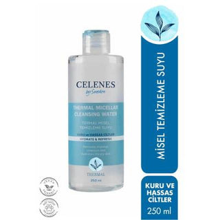 celenes thermal micellar cleansing water container, application of celanes micellar cleansing water on cotton pad Celenes Thermal Micellar Cleansing Water - For Sensitive Skin | 8.5 fl oz Celenes Thermal Cleansing Water - Sensitive Skin celenes, micellar-water, cleansing-water, sensitive-skin, makeup-remover, non-irritating, daily-cleanser, alcohol-free, paraben-free, ai-generated