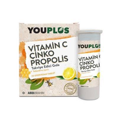 YouPlus Vitamin C Effervescent Tablets with Zinc & Propolis - Immune System Support, Gluten-Free, 20 Tablets