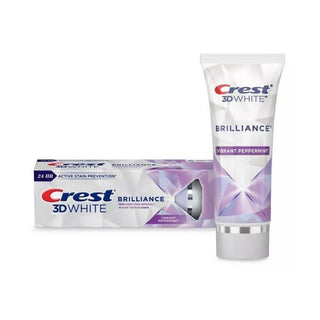 crest 3d white brilliance toothpaste packaging, close up of crest 3d white brilliance toothpaste on a toothbrush Crest 3D White Brilliance Toothpaste - Whitening Formula | 130 g Crest 3D White Brilliance Toothpaste - Whitening Formula crest, whitening-toothpaste, oral-care, teeth-whitening, fluoride-toothpaste, bright-smile, stain-removal, dental-health, ai-generated, everyday-use