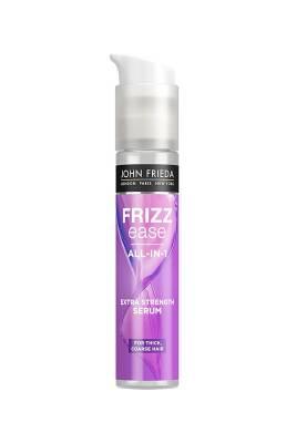 john fried serum bottle front, application of john fried serum on hair John Frieda Frizz Ease All-In-1 Serum - Extra Strong | 50 ml John Frieda Frizz Ease Serum - Extra Strong | 50 ml john-frieda, frizz-ease, hair-serum, vegan-hair-care, extra-strong-serum, thick-hair, frizzy-hair, hair-treatment, hydrating-serum, ai-generated