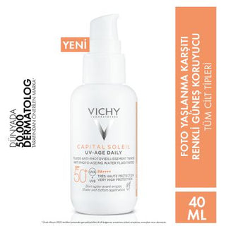 vichy capital soleil spf 50 tinted sunscreen, Vichy UV-Age Daily SPF 50 application Vichy Capital Soleil UV-Age Daily SPF 50+ - Colored Sunscreen | 40 ml Vichy SPF 50+ UV-Age Sunscreen - Hydrating Formula sunscreen, vichy, spf-50, colored-sunscreen, hydrating, uv-protection, anti-aging, sensitive-skin, water-resistant, ai-generated