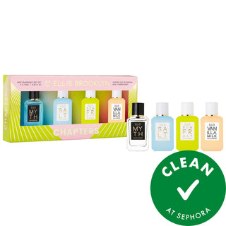 Ellis Brooklyn Mini CHAPTERS Perfume Coffret Set - 4 x 0.25 oz Eau de Parfums in MYTH, SALT, SUN FRUIT, VANILLA MILK Ellis Brooklyn Mini CHAPTERS Perfume Coffret Set - 4 Scents Perfume gift set, Mini perfume collection, Clean beauty fragrances, Literary-inspired scents, Eau de Parfum gift, Fragrance gift set, Unisex perfume, Gift for her, Gift for him, Luxury perfume, Art Deco-inspired, Clean at Sephora, Variety perfume set, Ellis Brooklyn