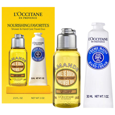 L'Occitane Hand and Body Care Nourishing Travel Favorites Kit: Hydrating Almond Shower Oil & Shea Butter Hand Cream for 