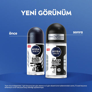 Nivea Men Deodorant - Nivea Men Erkek Roll-on Deodorant Black & White Invisible Original 50 ml - Long Lasting Anti-Perspirant Protection Nivea Men Deodorant - 72 Hour Protection Nivea Men Deodorant, Roll-on Deodorant for Men, Anti-perspirant Deodorant, Long-lasting Deodorant, Stain-free Deodorant, Men's Grooming, Personal Care, Deodorant for Active Men, Black & White Invisible Deodorant, 72-Hour Protection, Derma Active Protection, X5 Anti Formula, Dermatologically Tested, Men's Hygiene
