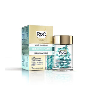 roc multi correxion serum capsules packaging, roc serum capsules opened with product inside, roc multi correxion serum capsules on a bathroom counter RoC Multi Correxion Hydrate + Plump Serum Capsules - 30 pcs RoC Multi Correxion Serum Capsules - Hydrate & Plump roc, multi-correxion, serum-capsules, hydrate, plump, anti-aging, skincare, moisturizer, hyaluronic-acid, ai-generated