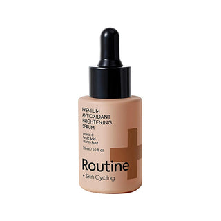 Routine+ Brightening Serum bottle, Close-up of Routine+ Brightening Serum texture, Application of Routine+ Brightening Serum on skin Routine+ Brightening Serum - 10% C Vitamin & 5% Ferulic Acid for Adults & Beauty Enthusiasts | 1.01 fl oz Routine+ Brightening Serum - 10% C Vitamin & 5% Ferulic Acid routine+, brightening-serum, vitamin-c, ferulic-acid, skincare, anti-aging, vegan-beauty, clean-beauty, radiant-skin, ai-generated