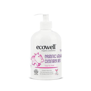 ecowell organic baby cleanser gel bottle, organic baby cleanser gel with orange oil and aloe vera, baby cleanser gel application on skin Ecowell Organic Baby Cleanser Gel - Gentle Formula | 500 ml Ecowell Organic Baby Cleanser Gel - Gentle Formula baby-cleanser, organic-baby-products, gentle-skin-care, parents, caregivers, ecowell, baby-wash, natural-cleanser, sulfate-free, ai-generated