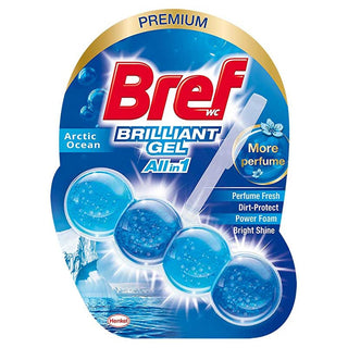 bref brilliant gel toilet block packaging, bref ocean fresh gel toilet cleaner in use, bref toilet block hanging in toilet bowl Bref Brilliant Gel Toilet Block - Ocean Fresh Scent for Homeowners | Single Pack Bref Brilliant Gel Toilet Block - Ocean Fresh bref, toilet-cleaner, gel-toilet-block, ocean-fresh, home-cleaning, hygienic-cleaning, long-lasting-freshness, premium-fragrance, water-soluble, ai-generated