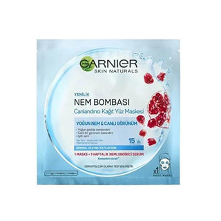 Garnier Hydrating Face Mask - Nem Bombası Canlandırıcı Sheet Mask for Normal to Dry Skin, 32gr Garnier Hydrating Face Mask - Boosts Hydration & Radiance face mask, hydrating face mask, Garnier face mask, sheet mask, moisturizing face mask, normal skin, dry skin, nar extract, hyaluronic acid, moisturizing serum, skincare, beauty, cosmetics, Garnier skincare, hydration, radiant skin, plumping effect, anti-aging, skincare routine, beauty products