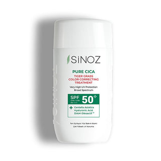 Sinoz Cica Tiger Grass Tinted Sunscreen SPF50+: Color Correcting, Redness Reducing Mineral Sunscreen with Hyaluronic Acid - Evens Skin Tone Sinoz Cica Tinted SPF50: Color Correcting, Redness Reducing tinted sunscreen, color correcting sunscreen, Cica sunscreen, tiger grass sunscreen, mineral sunscreen SPF50, redness reducing sunscreen, sunscreen for sensitive skin, tone evening sunscreen, Centella Asiatica sunscreen, hyaluronic acid sunscreen, SPF50, broad spectrum, redness, uneven skin tone, sensitive skin