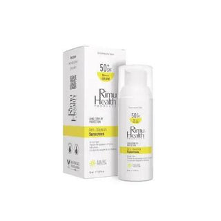 rimu spf50 sunscreen for uneven skin tones, rimu vegan sunscreen product image, user applying rimu spf50 sunscreen, rimu sunscreen with hyaluronic acid and niacinamide Rimu Health Products SPF50 Sunscreen - Anti-Aging & Vegan | 50ml Rimu SPF50 Sunscreen - Anti-Aging & Vegan | 50ml rimu-health-products, spf-sunscreen, vegan-sunscreen, anti-aging, hyaluronic-acid, niacinamide, sensitive-skin, eco-friendly, skincare, ai-generated