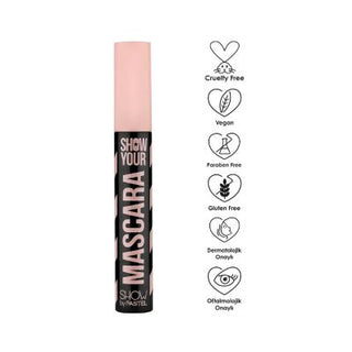 show by pastel black mascara 9 ml packaging, close up of show by pastel black mascara brush Show By Pastel Black Mascara - Voluminous Look | 9 ml Show By Pastel Black Mascara - 9 ml Volume show-by-pastel, black-mascara, volumizing-mascara, makeup, beauty, mascara, eyelashes, ai-generated, long-lasting, intense-black