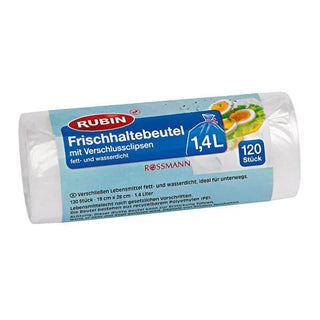 Rubin 1.4 Liter Clip Closure Food Storage Bags (120 Count) - Resealable, Freezer Safe, Extends Food Freshness, Travel Friendly Rubin Food Storage Bags: Keep Food Fresh Longer - Shop Now! food storage bags, resealable bags, freezer bags, sandwich bags, plastic storage bags, recyclable storage bags, clip closure bags, food preservation bags, travel storage bags, 1.4 liter storage bags, food storage, food preservation, organization, kitchen storage, travel, snacks, toiletries, recycled polyethylene, PE, eco-fr