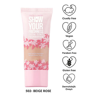 show by pastel skin tint foundation 502 beige rose bottle, show by pastel foundation swatch on skin, vegan cruelty-free makeup product Show by Pastel Show Your Freshness Skin Tint Foundation - 502 Beige Rose for Makeup Enthusiasts | 1.01 fl oz Show by Pastel Skin Tint Foundation - 502 Beige Rose show-by-pastel, skin-tint-foundation, vegan-makeup, makeup-enthusiasts, cruelty-free, paraben-free, gluten-free, natural-finish, hydrating-foundation, ai-generated