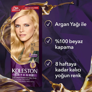 Wella Koleston Intense 9/3: Light Golden Blonde Hair Dye - 100% Gray Coverage, Argan Oil, and Long-Lasting Color Wella Koleston Light Golden Blonde Hair Dye: Gray Coverage & Argan Oil hair dye, permanent hair color, gray coverage hair dye, argan oil hair color, Wella Koleston hair dye, light golden blonde hair dye, at home hair color, long lasting hair color, hair coloring kit, hair dye with argan oil, hair color, hair coloring, blonde hair dye, golden blonde hair, light blonde hair, hair treatment, argan o