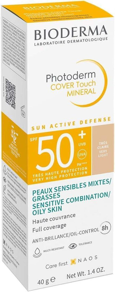 Bioderma Photoderm COVER Touch SPF50+ Very Light: High Protection Tinted Mineral Sunscreen for Sensitive Skin, Facial Su