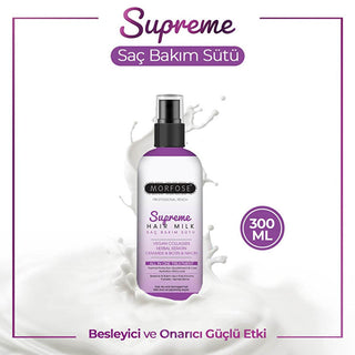 Morfose Supreme Hair Care Milk - Vegan Collagen & Herbal Keratin Hair Treatment, Lightweight Hydration & Heat Protection - 10.14 fl oz Morfose Hair Care Milk - Vegan Hair Treatment & Heat Protection hair care product, hair treatment, hair serum, hair milk, vegan hair care, hair repair, heat protectant, damaged hair treatment, hair strengthening treatment, hair moisturizing treatment, hair care, vegan, cruelty-free, hair health, split ends, breakage, dry hair, vegan collagen, herbal keratin, ceramide, heat p