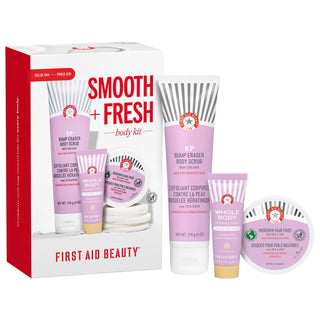 Skin Smooth + Fresh: Body Skincare Set for Bumps, Ingrown Hairs & Odor Control - AHA Scrub, Deodorant Cream & Ingrown Hair Pads Smooth + Fresh Body Kit: Bumps, Ingrown Hairs & Odor Control body skincare set, kp bump eraser, ingrown hair treatment, body deodorant cream, aha body scrub, exfoliating body treatment, vegan body care, cruelty-free skincare, smooth skin body kit, odor control body cream, Keratosis Pilaris, razor burn, bikini line, body scrub, deodorant, smooth skin, skincare, vegan, cruelty-free, 