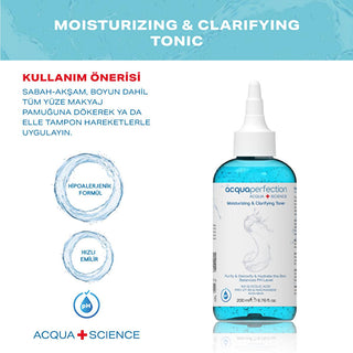 Acqua Perfection Moisturizing Toner bottle 200 ml, Natural ingredients in Acqua Perfection Clarifying Toner, Close-up of Acqua Perfection Toner with soothing texture Acqua Perfection Moisturizing & Clarifying Toner - Gentle Cleansing and Hydrating for All Skin Types | 6.76 fl. oz. Acqua Perfection Moisturizing Toner - 200 ml acqua-perfection, moisturizing-toner, clarifying-toner, skincare, hydration, all-skin-types, anti-aging, gentle-cleansing, toner-200ml, ai-generated