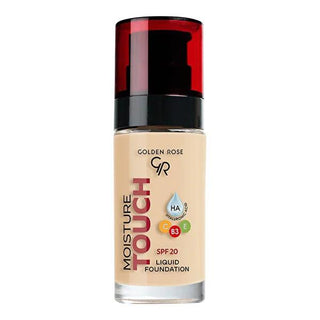 Golden Rose Moisture Touch Liquid Foundation SPF20 - Vegan, Hydrating, and Protective Coverage Golden Rose SPF20 Liquid Foundation - Vegan & Hydrating liquid foundation, SPF20 foundation, vegan cosmetics, hyaluronic acid skincare, niacinamide benefits, antioxidant skincare, cruelty-free beauty, moisturizing foundation, protective coverage, customizable coverage, smooth finish, radiant complexion, daily makeup, skincare benefits