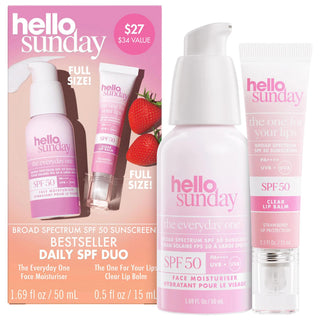 Bestseller: Daily SPF 50 Sunscreen & Strawberry Lip Balm Duo | Broad Spectrum UVA/UVB Protection, Hydrating Hyaluronic Acid, Vegan & Cruelty-Free SPF 50 Sunscreen & Lip Balm Duo: Broad Spectrum Protection SPF 50 sunscreen, broad spectrum sunscreen, daily face moisturizer SPF 50, clear lip balm SPF 50, hyaluronic acid sunscreen, vegan sunscreen, cruelty-free sunscreen, sunscreen for fine lines and wrinkles, strawberry lip balm spf, sun protection duo, sunscreen, lip balm, sun protection, face moisturizer, hy