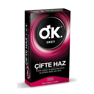 Okey Double Pleasure Condoms packaging, Close-up of Okey Double Pleasure Condom Okey Double Pleasure Condoms - Enhanced Sensation | 10 Pack Okey Double Pleasure Condoms - 10 Pack okey-condoms, double-pleasure, ribbed-condoms, adult-products, sensation-enhancers, male-female-pleasure, safe-sex, relationship-enjoyment, intimacy-products, ai-generated