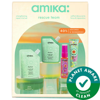 amika Rescue Team Strengthening Repair Trial Set - Vegan, Gluten-Free Hair Care for Damaged Hair amika Hair Care Trial Set - Strengthen & Repair Damaged Hair hair care trial set, vegan hair care, gluten-free hair care, cruelty-free hair care, hair strengthening products, repair damaged hair, travel-sized hair care, sustainable beauty products, amika, hair repair, bond-fortifying technology, plant butters, vegan proteins, heat protection, travel-friendly, eco-conscious beauty