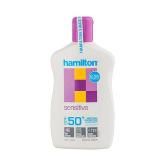 hamilton sensitive spf50 lotion bottle, hamilton sensitive spf50 lotion application Hamilton Sensitive SPF50+ Lotion - 265ml Hamilton Sensitive SPF50+ Lotion - 265ml sunscreen, sensitive-skin, spf50, hamilton, outdoor-activities, water-resistant, daily-use, non-greasy, ai-generated, sun-protection