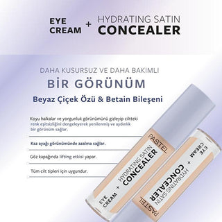 Pastel Makeup Eye Cream + Hydrating Satin Concealer: Brighten & Conceal Dark Circles - 24H Hydration for Radiant Eyes Pastel Makeup Eye Cream Concealer: Hydrate, Brighten, Conceal eye cream, hydrating concealer, dark circle concealer, under eye cream, brightening eye cream, satin finish concealer, eye cream for dark circles, hydrating eye concealer, best concealer for dark circles, eye cream and concealer combo, concealer, dark circles, eye bags, hydration, skincare, makeup, beauty, white flower extract, be