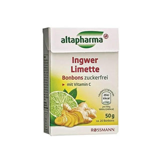 Altapharma Sugar-Free Ginger Candy with Lemon Flavor - 50g Altapharma Sugar-Free Ginger Candy - Boosts Immunity sugar-free ginger candy, lemon flavored candy, ginger and lemon candy, sugarless sweets, Vitamin C candy, healthy snacks, low-calorie treats, digestion aid, immune system boost, guilt-free sweets, natural lemon flavor, Aspartam, Acesulfame K, Isomalt, Citric Acid, Lactic Acid, Ginger Extract, L Ascorbic Acid, Copper Complexes of Chlorophylls and Chlorophyllins
