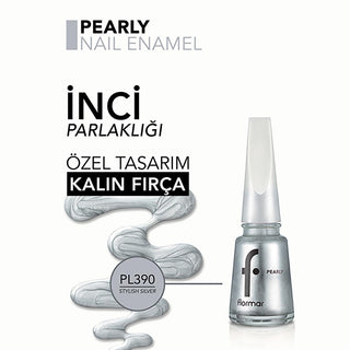 flormar stylish silver nail polish bottle, flormar pearly nail polish swatch on nails, flormar nail polish application brush Flormar Pearly Intense Pigmented Nail Polish - Stylish Silver for Women | 0.5 fl. oz. Flormar Stylish Silver Nail Polish | Pearly & Long Lasting flormar, nail-polish, stylish-silver, pearlescent-nail-polish, long-lasting-nail-color, intense-pigment, beauty, nail-art, womens-beauty, ai-generated