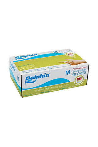 dolphin powdered latex gloves medium package, dolphin medium latex gloves front view, dolphin powdered latex gloves details Dolphin Powdered Latex Gloves - Medium, 100 Count, Perfect for Workers and Hygienists Dolphin Powdered Latex Gloves - Medium, 100 Count dolphin, latex-gloves, powdered-gloves, medium-size, 100-count, hygiene, worker-safety, medical-use, food-preparation, ai-generated
